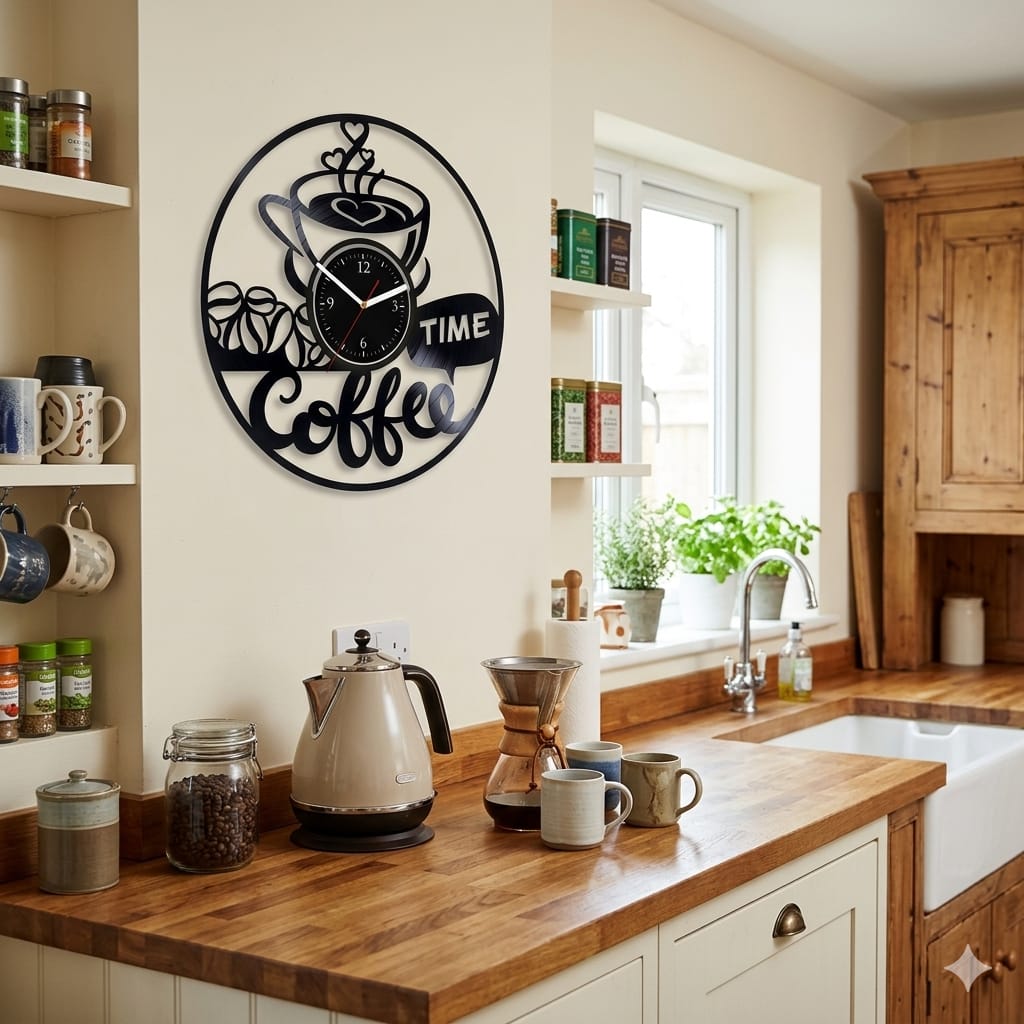 Retro Coffee Beans & Cup Metal Record Clock