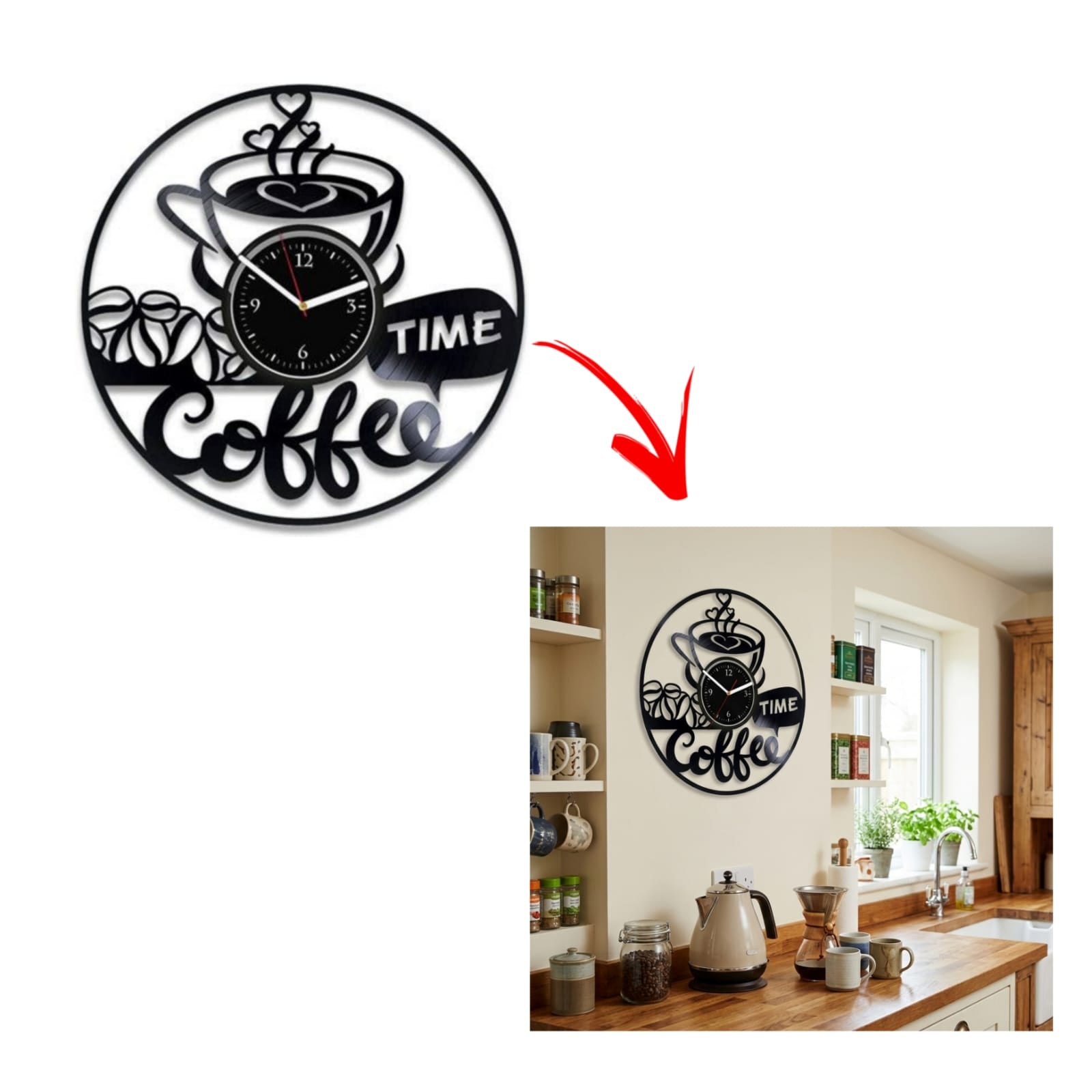 Retro Coffee Beans & Cup Metal Record Clock