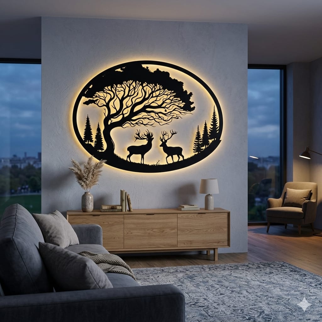 Majestic Wilderness Oval Metal LED Wall Art – Luxury Backlit Silhouette Frame