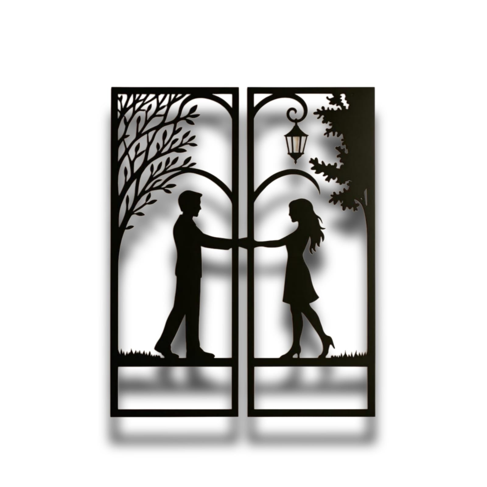 Romantic Couple Under Streetlight Metal Wall Art – 2-Piece Silhouette Panel Set