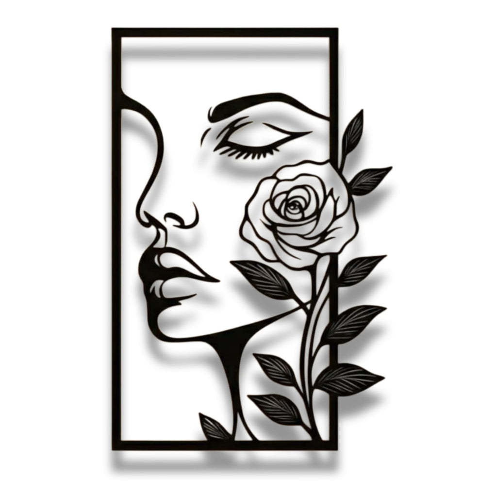 Elegant Woman Face with Rose Metal Wall Art – Minimalist Line Art Frame