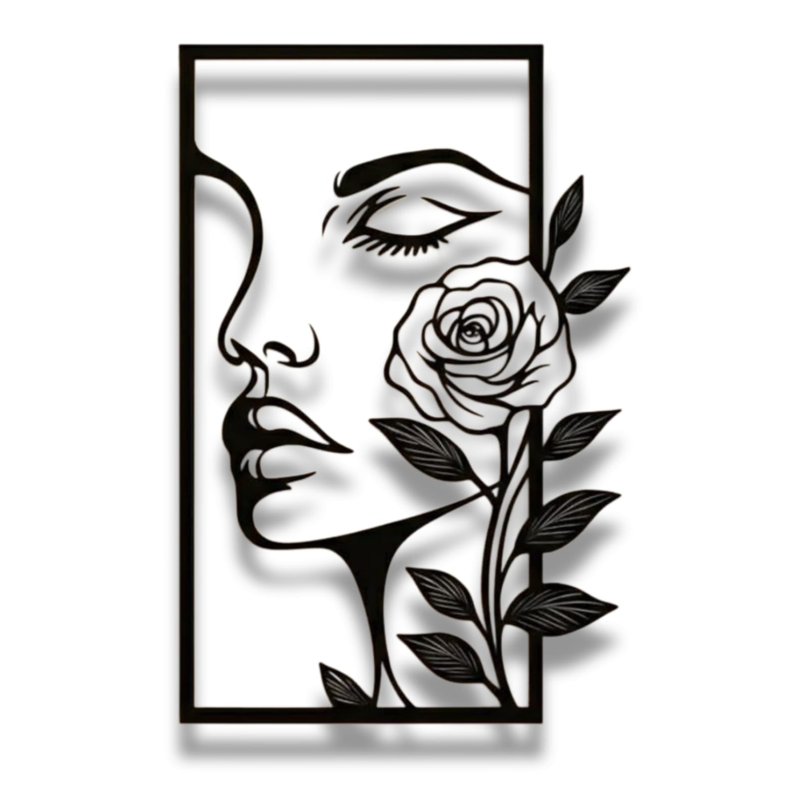 Elegant Woman Face with Rose Metal Wall Art – Minimalist Line Art Frame