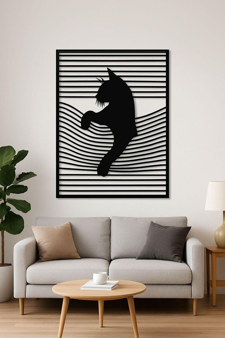 Minimalist Peekaboo Cat Metal Wall Art – Modern Geometric Line Frame