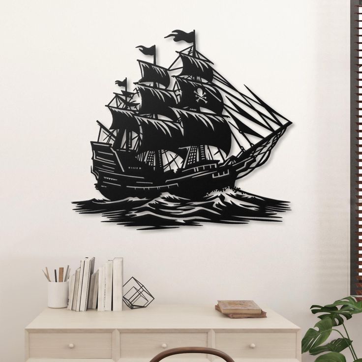 Vintage Pirate Ghost Ship Metal Wall Art – Nautical Sailing Silhouette