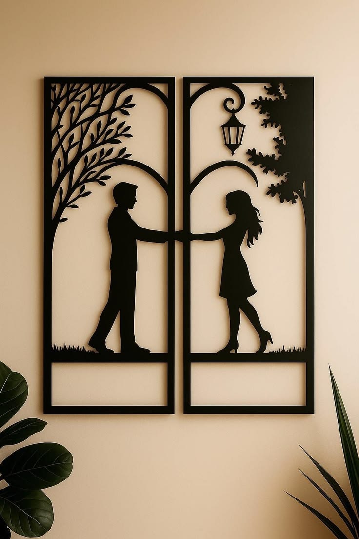 Romantic Couple Under Streetlight Metal Wall Art – 2-Piece Silhouette Panel Set