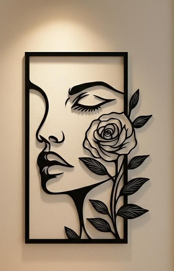 Elegant Woman Face with Rose Metal Wall Art – Minimalist Line Art Frame