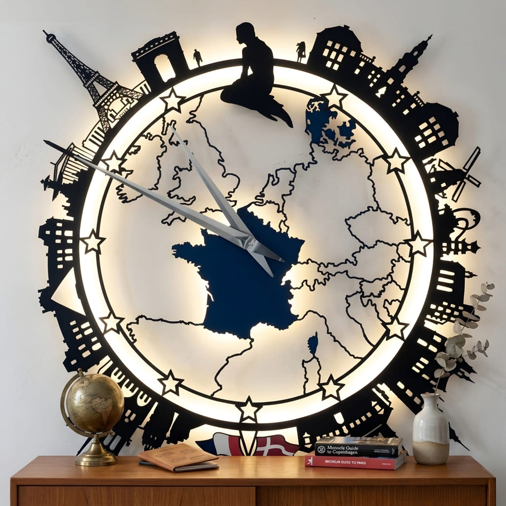 Premium Wanderlust Backlit Metal Wall Clock - Luxury Travel Agency Decor